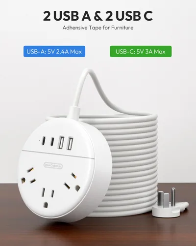 Vista 5 de NTONPOWER - Cable de extensión de 25 pies, enchufe plano con 4 puertos USB (2 USB C), montado, cable de extensión de 25 pies de largo con múltiples