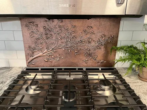 Vista 4 de Kitchen Backsplash, Tree Branches with Leaves Kitchen Backsplash, Custom Copper Backsplash Panel, Handmade Copper Backsplash Tile, Indoor Outdoor