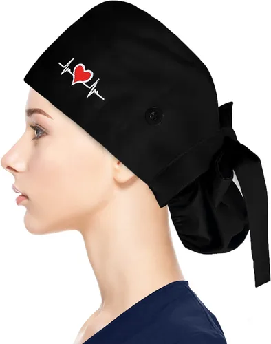 Vista 8 de Fesciory - Gorras de trabajo ajustables con botón y banda para el sudor, gorras con bolsa para cola de caballo para mujer, para cabello largo