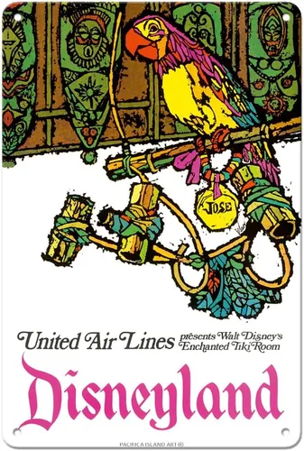 Pacifica Island Art Disneyland - Encantado Tiki Room - José the Mexican Guacamayo - United Air Lines - Póster vintage de viaje de aerolínea por