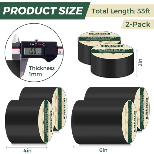 Vista 2 de Cinta de butilo impermeable de 4 pulgadas x 66 pies en total, cinta selladora negra para cubiertas, cinta de butilo de goma a prueba de fugas