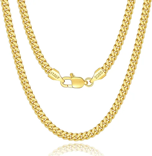 Fasongo Solid 18K Gold Over 925 Sterling Silver Italian 4mm Cuban Link Chain Necklace for Men Boys Women, Sturdy & Comfortable & Shiny Hip-Hop &