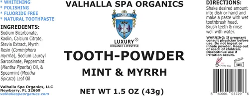 Vista 4 de Polvo dental con menta y mirra Pasta de dientes natural Sin flúor Blanqueamiento Pulido Valhalla Spa Organics 1.5 oz
