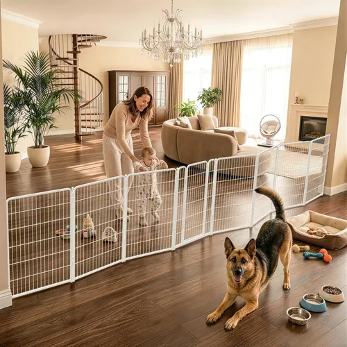 Vista 32 de FXW Puerta para perros extra ancha diseñada para uso en interiores, ancho ajustable de hasta 137 pulgadas de ancho