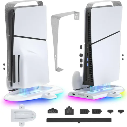 PS5 Slim Cooling Stand, Dual Controller Charger, RGB Lights & USB 2.0 Port