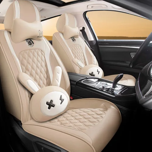 Juego de fundas para asiento de lindo conejito, 5 piezas con cuero PU impermeable para autos, SUV, camionetas, ajuste universal (Beige)