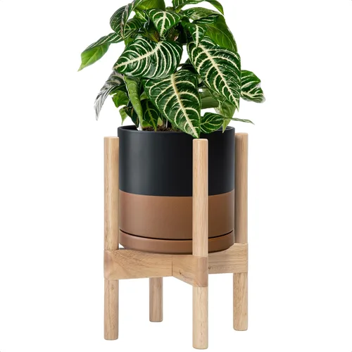 Vista 10 de D'vine Dev Maceta de cerámica con soporte de ébano – Maceta redonda moderna de 8 pulgadas con soporte para maceta de madera, color negro, 55-B-M-2