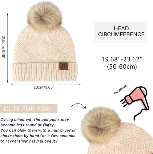 Vista 5 de Conjunto de gorro de punto cálido para mujer, bufanda larga, guantes para pantalla táctil, con forro polar, gorro de calavera con pompones, regalos