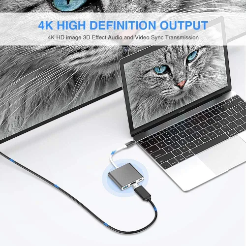 Vista 2 de Adaptador USB C a HDMI, concentrador USB 4K con carga PD de 100 W, puerto USB-A 3.0, adaptador multipuerto para iPhone 17/16/15, MacBook