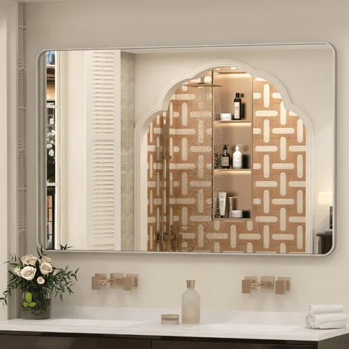 Vista 52 de Espejo rectangular para pared de baño de 20x30 pulgadas con marco negro mate, espejo de tocador con esquinas redondeadas, espejo de baño de metal