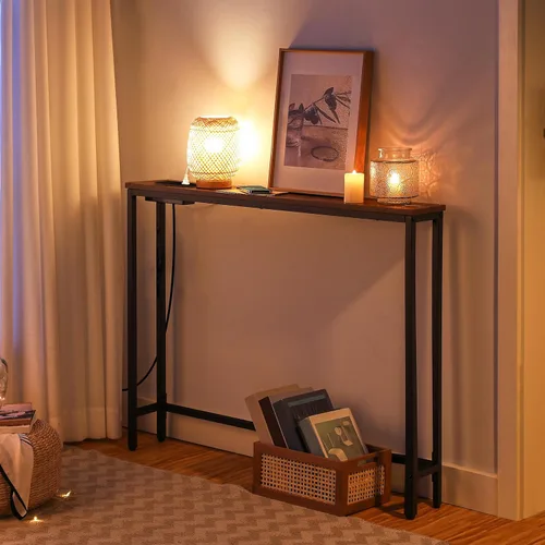 Vista 7 de HOOBRO Mesa consola delgada de 39.4 pulgadas con toma de corriente, mesa detrás del sofá de 5.9 pulgadas con estación de carga, mesa de sofá