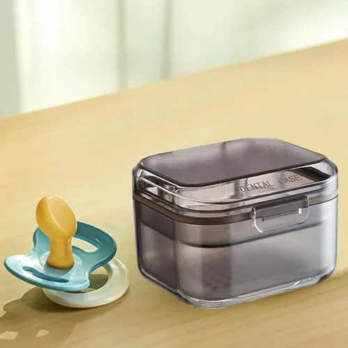 Vista 3 de Contenedor de almacenamiento de dentaduras postizas con bandeja de drenaje, a prueba de fugas, estuche de limpieza de dientes falsos, retenedores