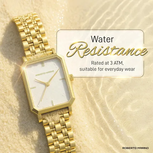 Vista 3 de Roberto Marino RM1982 Reloj de Lujo para Mujer Rectangular en Oro Movimiento de Cuarzo Japonés, Diseño Vintage de Acero Inoxidable, Esfera