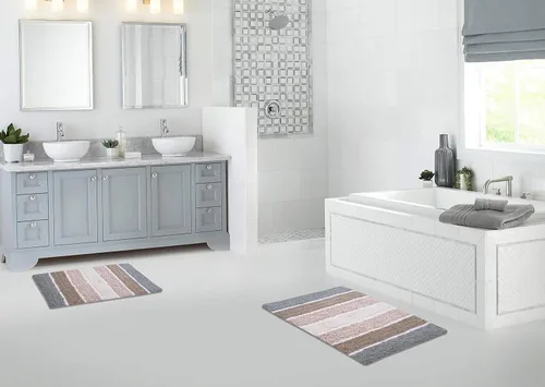 Vista 5 de Ramanta Home Juego de 2 alfombras de baño acolchadas a rayas 100% algodón, color gris beige, antideslizantes, súper suaves, absorbentes, para baño