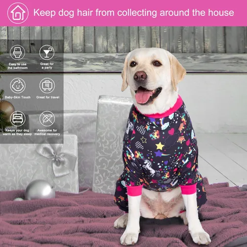 Vista 6 de LovinPet Pijamas grandes para perros Pitbull: cuidado de heridas/ropa de perro poscirugía, mamelucos para perros, estampado negro de arco iris
