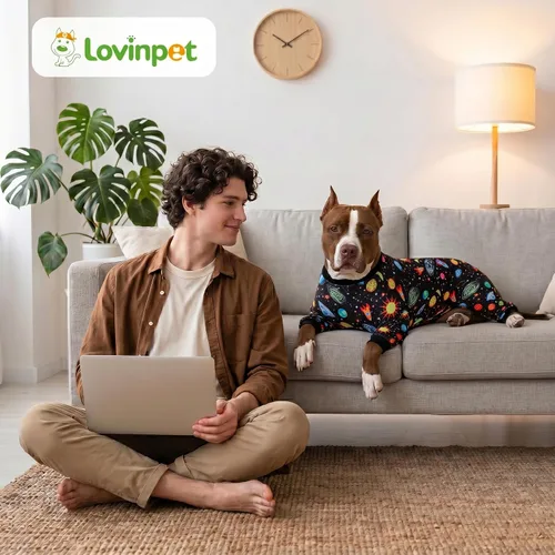 Vista 8 de LovinPet Monos para perros grandes: Pijamas para perros grandes, postoperatorio/cuidado de heridas, tela elástica ligera, estampado negro