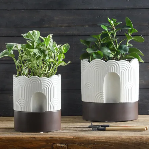 Vista 7 de Nihow Maceta de riego automático: maceta de cerámica de 6 pulgadas con orificio de drenaje y almacenamiento de agua, maceta de riego automático