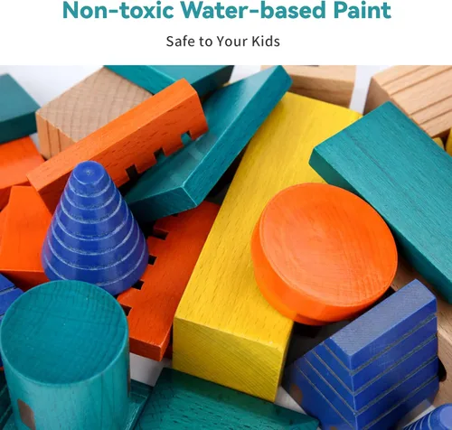 Vista 6 de Xylolin Juego de bloques de construcción de castillo de madera, juguete de bloques apilables de madera de haya maciza grande, juego de construcción