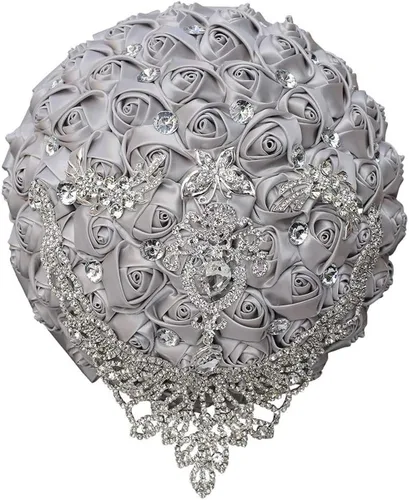 Vista 23 de Ramo de novia de boda de lujo hecho a mano, rosa de seda grande para sostener y lanzar, ramo de flores artificiales con cinta de satén, perlas