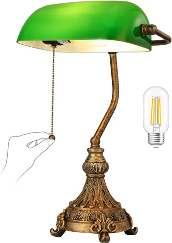 Vista 13 de Newrays Lámpara de escritorio tradicional de cristal verde banqueros con interruptor de cadena enchufable, bombilla LED incluida