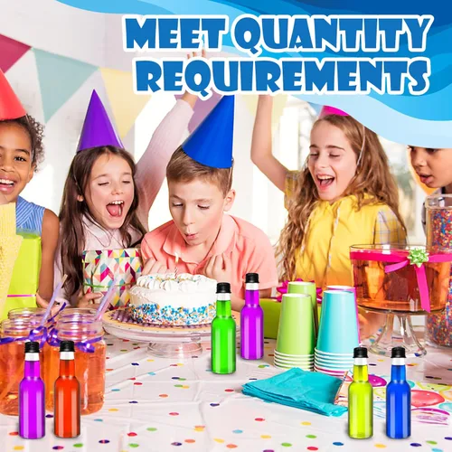 Vista 7 de Paquete de 50 mini botellas de licor de 2 onzas con tapa negra, botella de plástico hermética con 10 embudos, botellas de alcohol de plástico