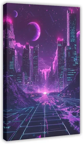 Arte de pared de onda de vapor retro - Póster de onda sintética de neón, póster de ciencia ficción de los años 80 con estampado de paisaje urbano