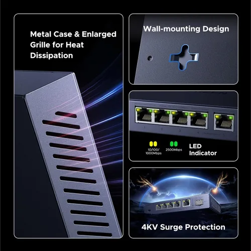 Vista 8 de UGREEN Interruptor de 2.5 Gb, conmutador Ethernet de 6 puertos, 5 x 2.5 Gb + 1 SFP de 10 Gb, agregación estándar/enlace a 5 Gbps/VLAN 3 modos