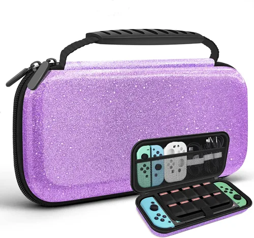 Vista 9 de Funda de transporte con purpurina para consola Nintendo Switch y Switch OLED, funda de viaje rígida púrpura para consola Nintendo Switch