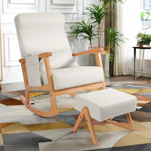Vista 24 de NOBLEMOOD Mecedora tapizada con otomana, moderna silla mecedora para habitación del bebé, sillón de madera maciza con respaldo alto con asiento