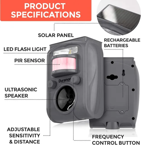 Vista 2 de DURANOM - Repelente ultrasónico de animales, disuasorio solar para exteriores con luz intermitente y sensor de movimiento, repele ciervos, gatos