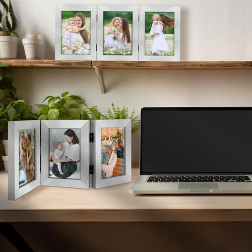 Vista 117 de Golden State Art - Marco decorativo con bisagras para mesa, escritorio, 3 aberturas verticales, con cristal real