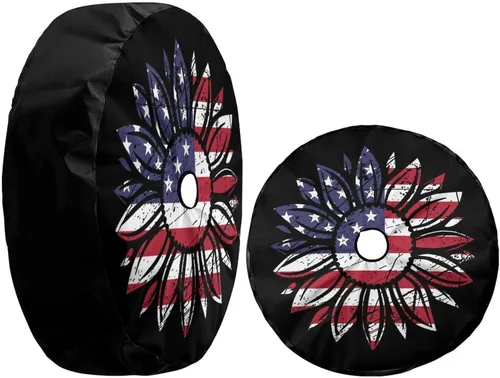 Vista 3 de Foruidea Cubierta para neumático de repuesto con bandera estadounidense y flor de girasol con orificio para cámara de respaldo. Cubierta para rueda