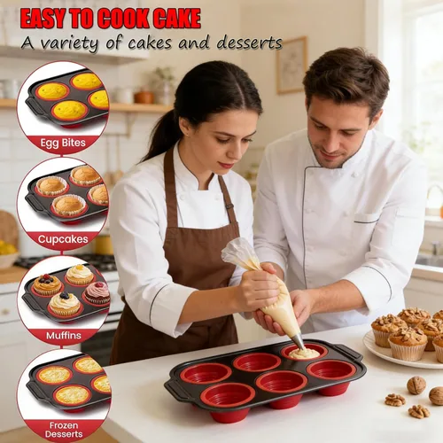 Vista 6 de Molde de Silicona para Muffins, Moldes para Muffins de 6 Cavidades para Hornear con Marco de Metal, Molde para Cupcakes, Moldes para Bocados de 6