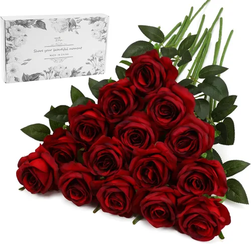 Vista 10 de Rosas artificiales negras – 10 piezas de rosas artificiales falsas de seda con tallos para decoración del hogar, boda, hotel, oficina, centro de mesa