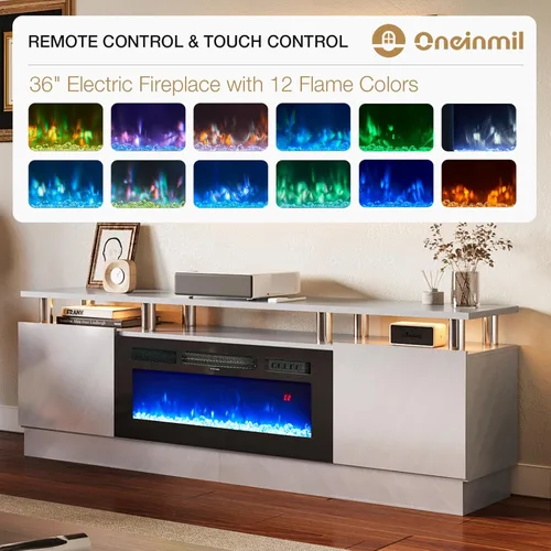 Vista 3 de oneinmil Soporte de TV con chimenea eléctrica integrada de 36" - Consola de 2 niveles de 70" para televisores de hasta 80", ideal para ambientes