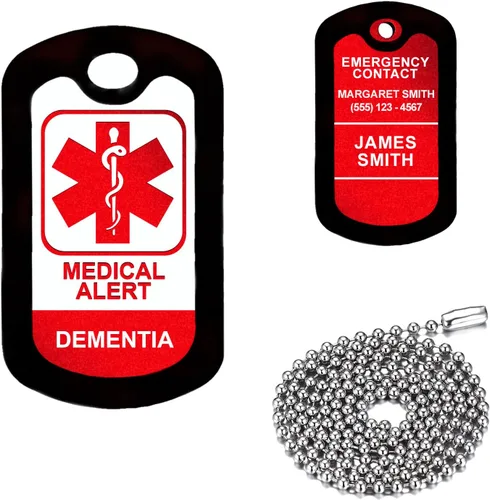 Vista 4 de Alerta médica morada, Alzheimer, etiqueta de identificación médica de aluminio personalizada con collar de acero inoxidable de 24 pulgadas