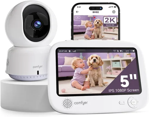 Vista 10 de Comfyer - Monitor para bebé/mascota para seguridad interior, monitoreo con aplicación para teléfono inteligente, resolución 2K QHD, seguimiento