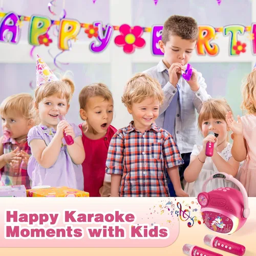 Vista 6 de Mini máquina de karaoke para niños y niñas, micrófono para niños, altavoces Bluetooth portátiles con 2 juguetes de micrófono inalámbrico para niñas