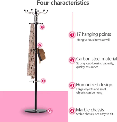 Vista 10 de Perchero de metal independiente, percheros con 16 ganchos, base de mármol, perchero para sombrero, perchero de metal, para dormitorio, sala de Blanco