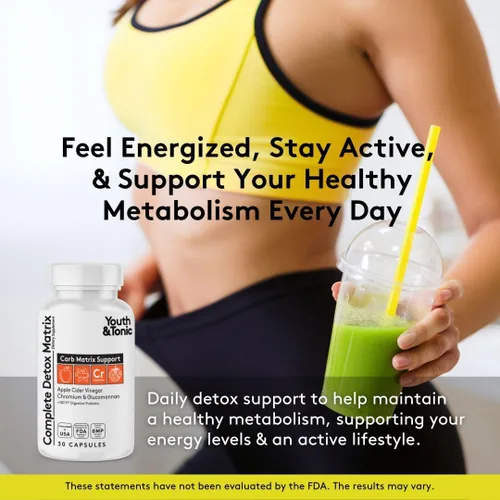 Vista 4 de Youth & Tonic Píldoras de desintoxicación equilibradas como limpieza intestinal completa y soporte de matriz de carbohidratos con ACV, glucomanano