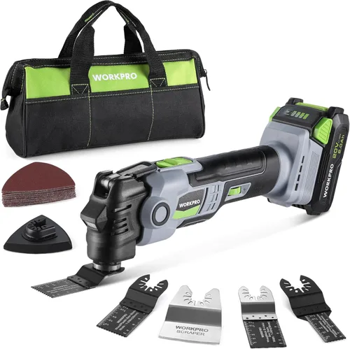 WORKPRO Kit de herramientas oscilantes de 20 V, inalámbrica y sin escobillas, multiherramienta orbital de 19,000 RPM con 6 velocidades variables,