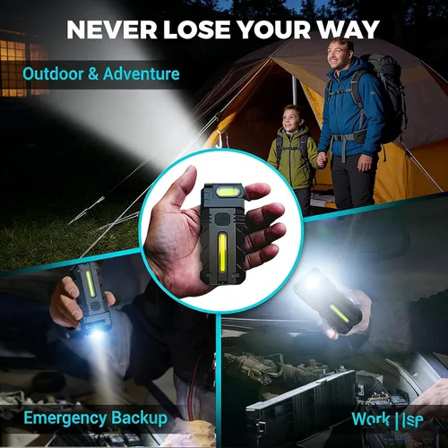 Vista 8 de Luz de trabajo LED con cabezal giratorio de 180°, doble haz, base magnética y recargable USB-C, mini llavero, linterna manos libres con clip