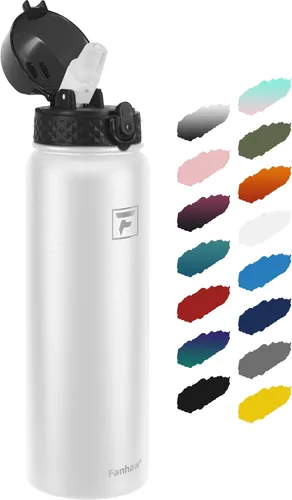 Vista 33 de Fanhaw Botella de agua aislada de acero inoxidable de 40 onzas con tapa con popote, botella deportiva extragrande a prueba de fugas para hombres