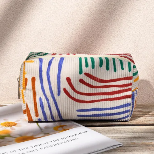 Vista 6 de SOIDRAM Bolsa de cosméticos de pana, bolsa de maquillaje de gran capacidad con patrón de rayas y almacenamiento de brochas de maquillaje