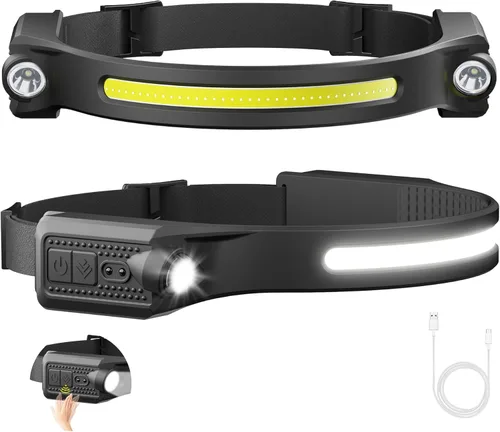 Vista 8 de AlpsWolf Faro LED recargable, 2 XPE LED y COB LED faro de cabeza, modo sensor, haz ancho de 260°, impermeable IPX4, linterna recargable