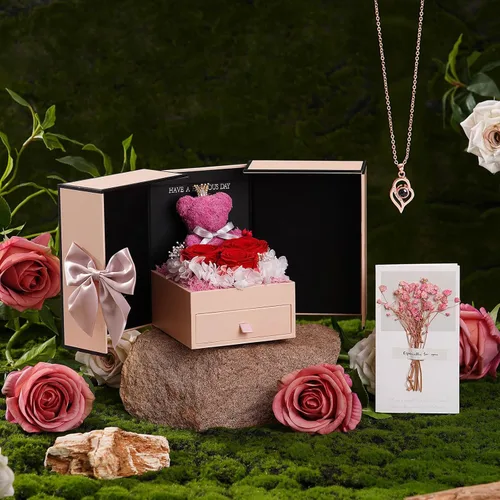 Vista 6 de ADDWel Regalos de Rosa Preservada para Ella - Rosa Real Única y Permanente con Collar "Te Amo" en 100 Idiomas, Regalos de Rosa Eterna para Mujeres