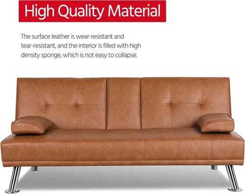 Vista 5 de YAHEETECH - Sofá cama tipo futón de cuero sintético, 2 puestos, sofá con espaldar reclinable y portavasos, cama para invitados