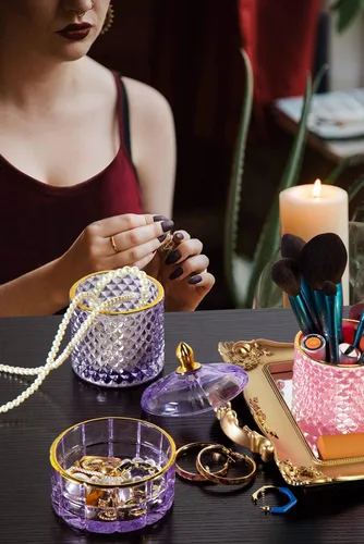 Vista 7 de ALAMHI Tarro de cristal para caramelos, botes decorativos con tapas, caja de cristal de cristal morada, lindo plato de caramelo con tapa para ideas