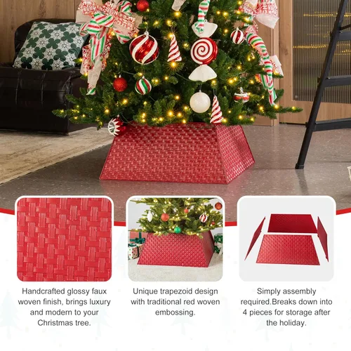 Vista 4 de Glitzhome Collar de árbol de tejido de metal rojo trapezoidal de 25.75 pulgadas de largo, para árboles de Navidad rústicos, anillo de árbol