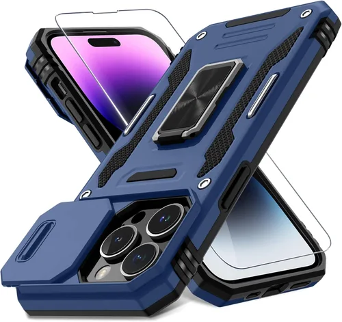 Vista 8 de DEERLAMN Funda para iPhone Xs Max con funda deslizante para cámara + protector de pantalla, soporte giratorio de anillo de grado militar a prueba